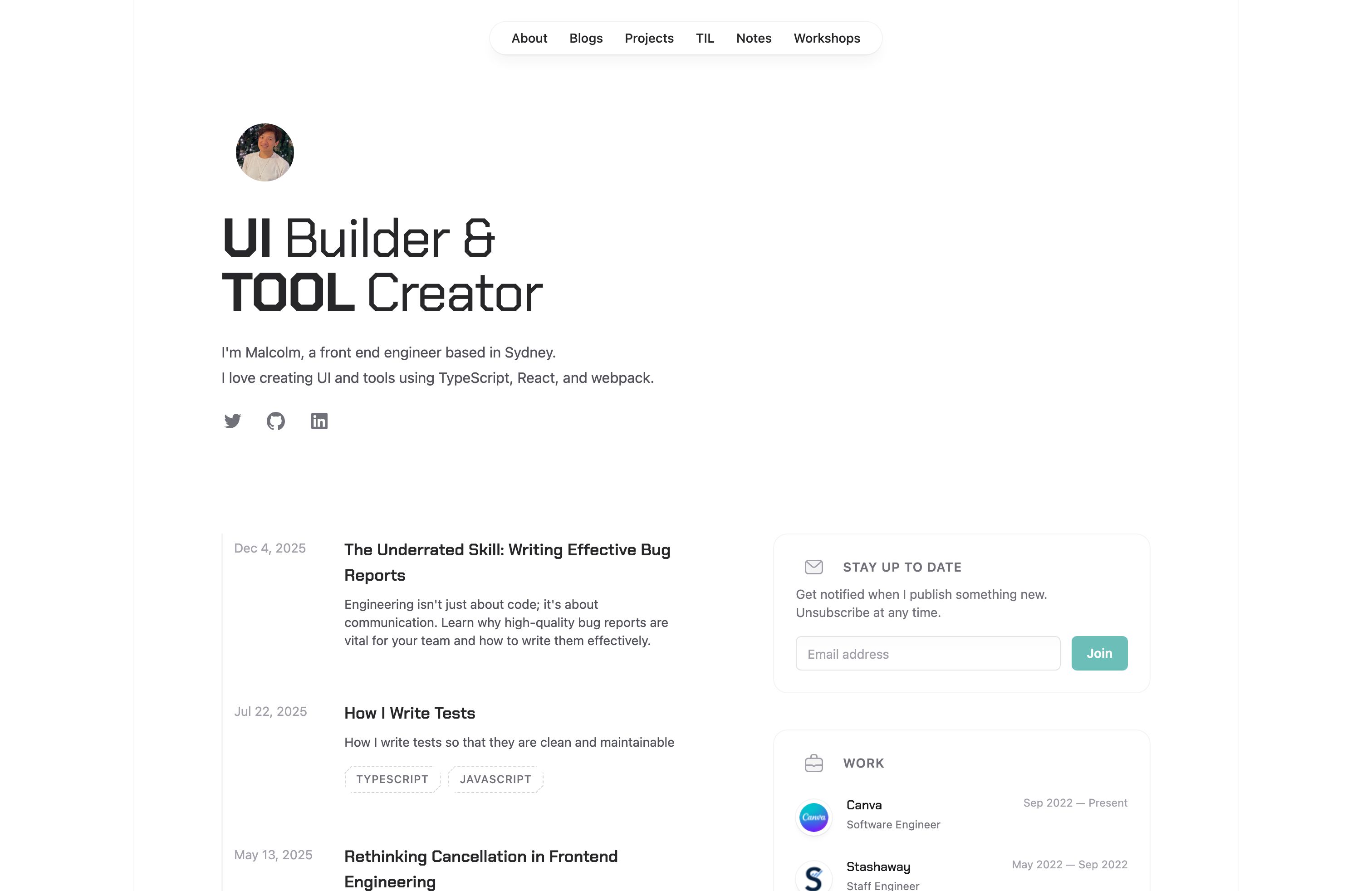 Screenshot of Malcolm Kee's portfolio